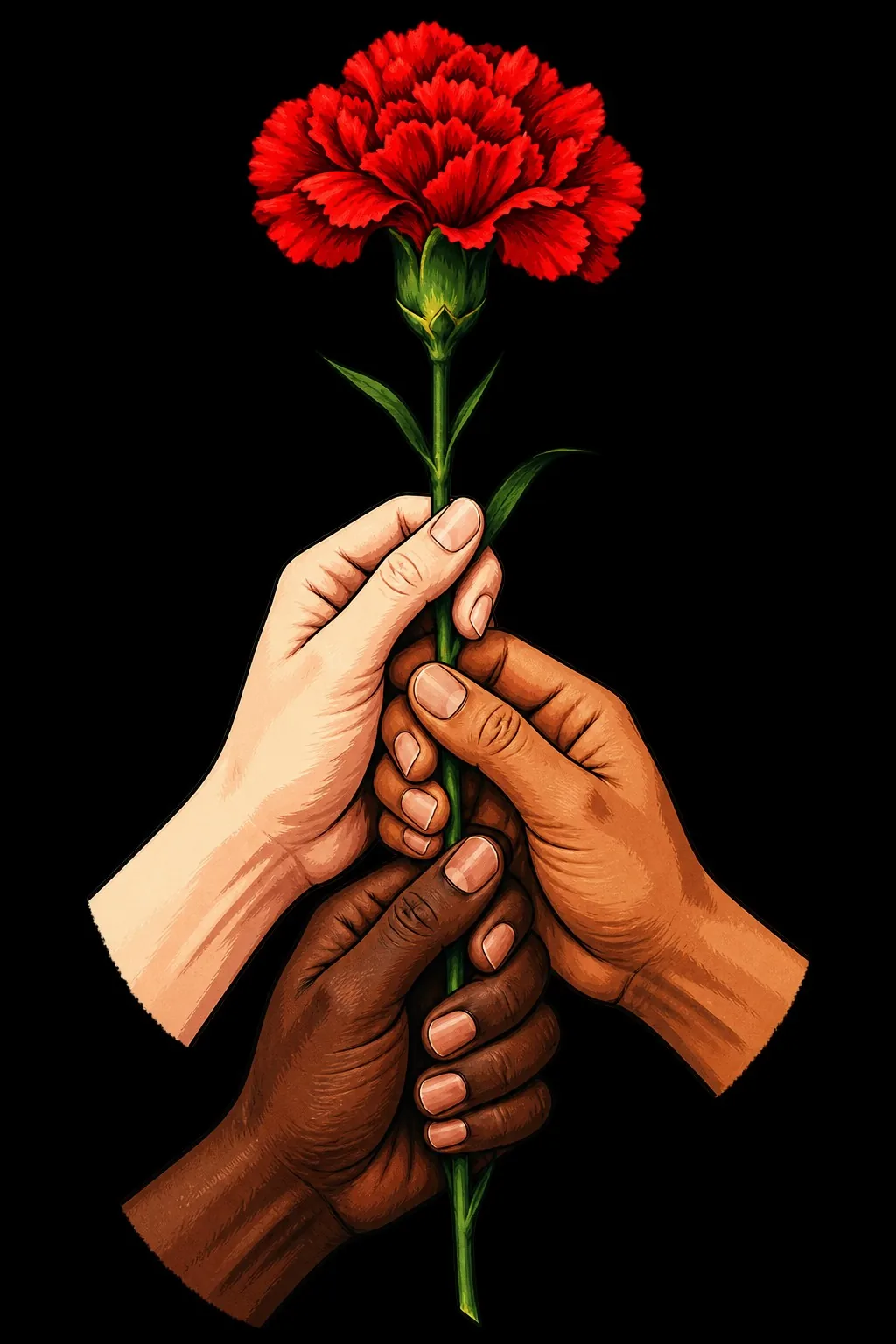 Poster Mãos Solidárias: três mãos a segurar um cravo