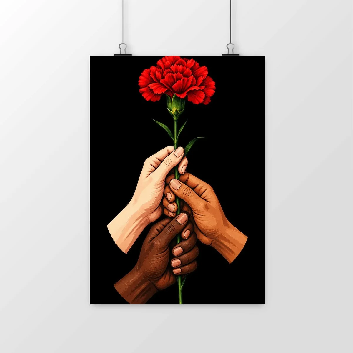 Poster Mãos Solidárias pendurado numa parede: três mãos a segurar um cravo