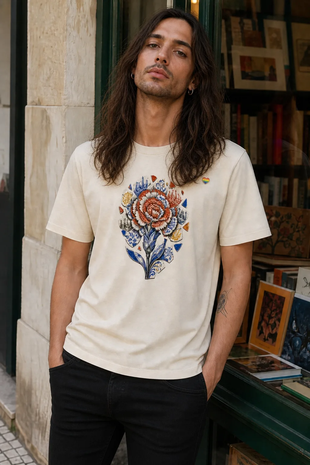Pessoa a vestir a T-shirt Azulejo Quebrado em natural, com o cravo e os azulejos ao peito