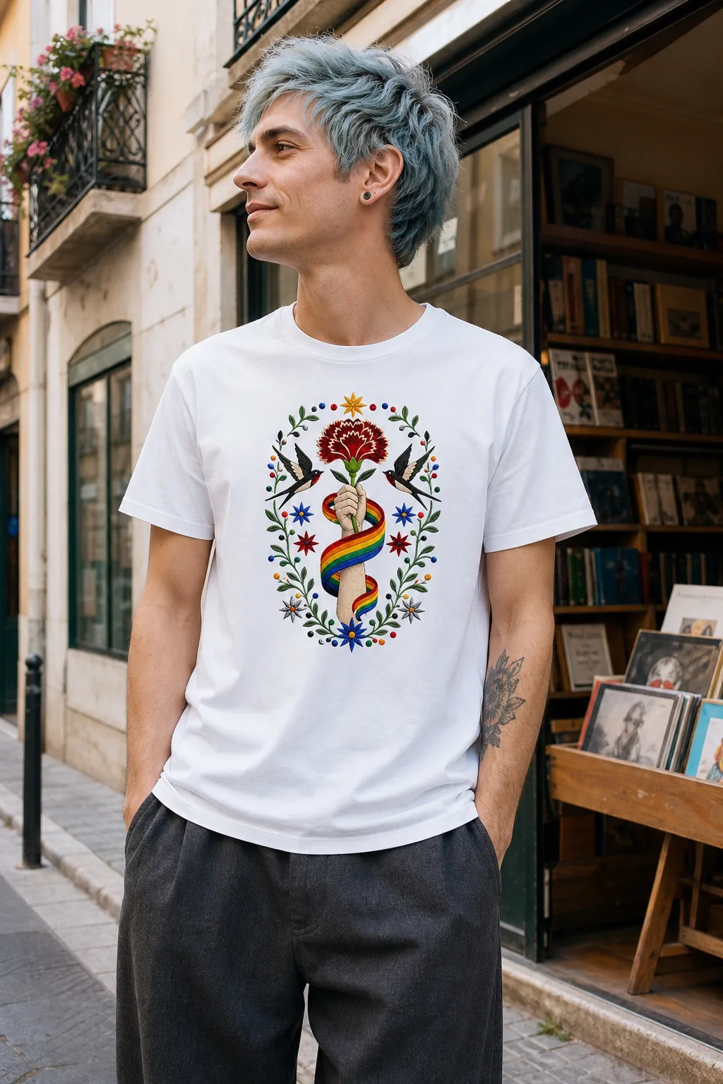 Pessoa a vestir a T-shirt Bordado Arco-íris em branco, com o cravo e o arco-íris ao peito