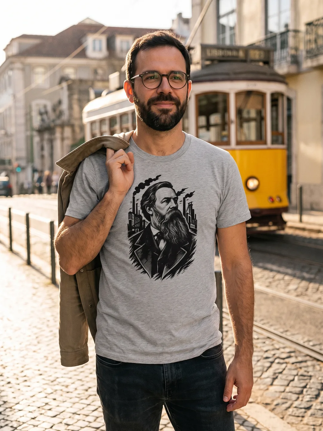 Pessoa a vestir a T-shirt Engels em cinzento mesclado, numa rua de Lisboa com um elétrico ao fundo