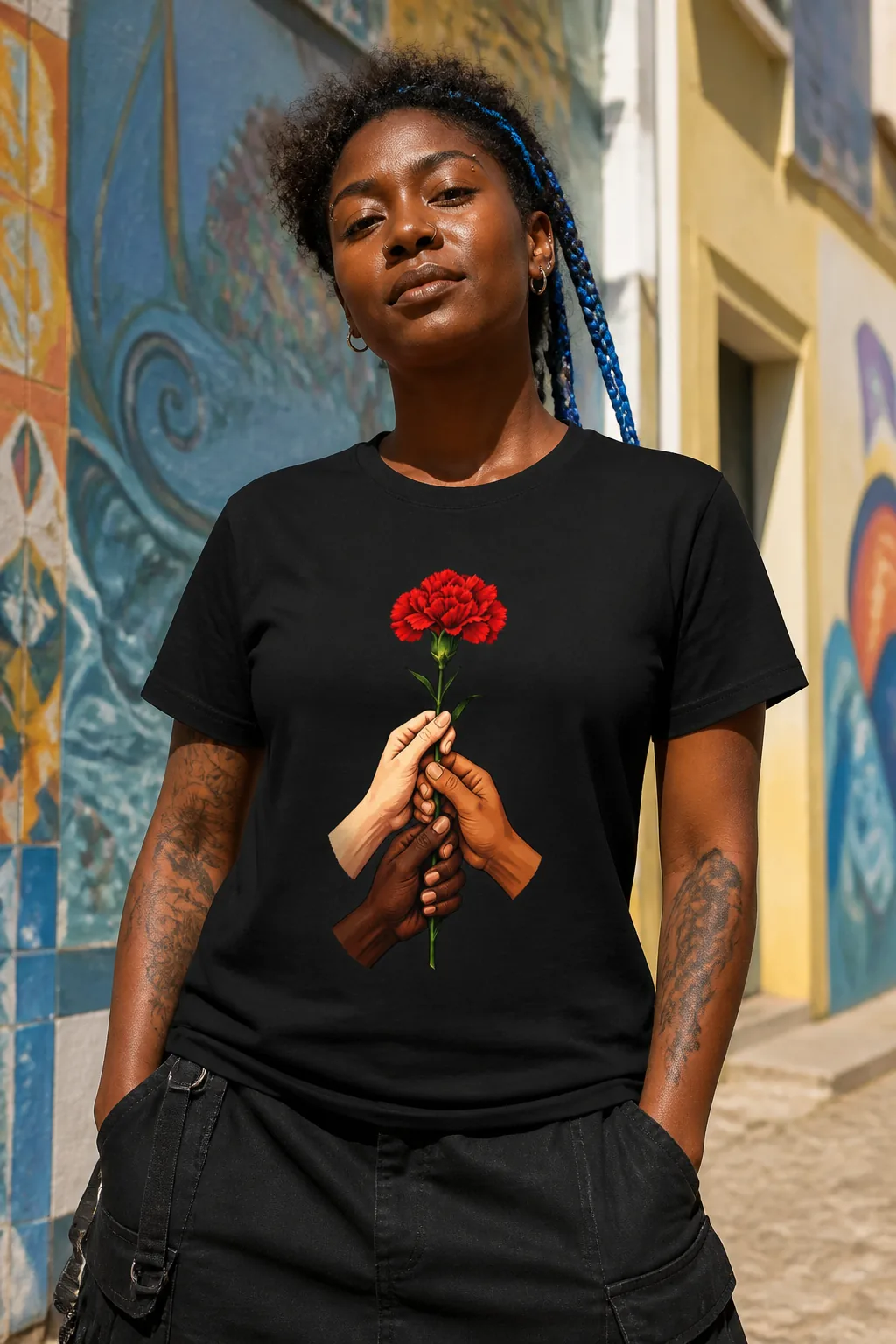 Pessoa a vestir a T-shirt Mãos Solidárias em preto, com as mãos e o cravo ao peito