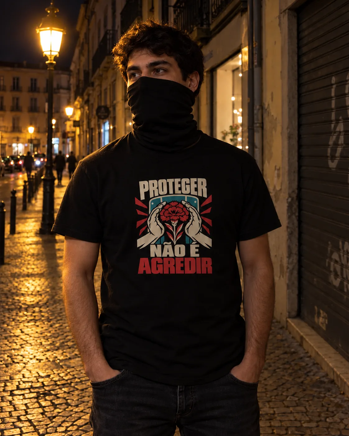 Pessoa a vestir a T-shirt Proteger Não É Agredir em preto, numa rua de Lisboa à noite