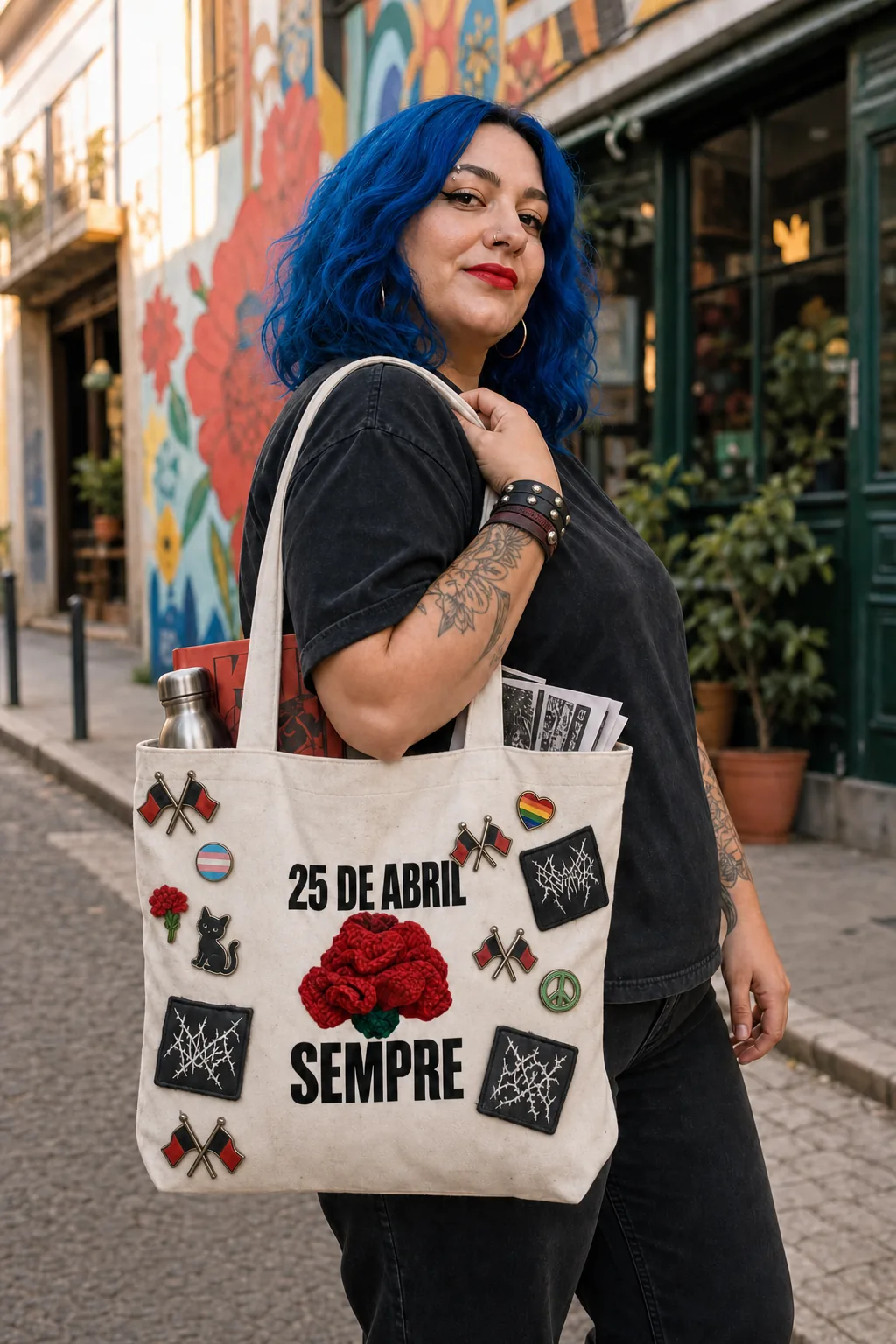 Pessoa com o Tote 25 de Abril Sempre ao ombro, cravo e pins à frente