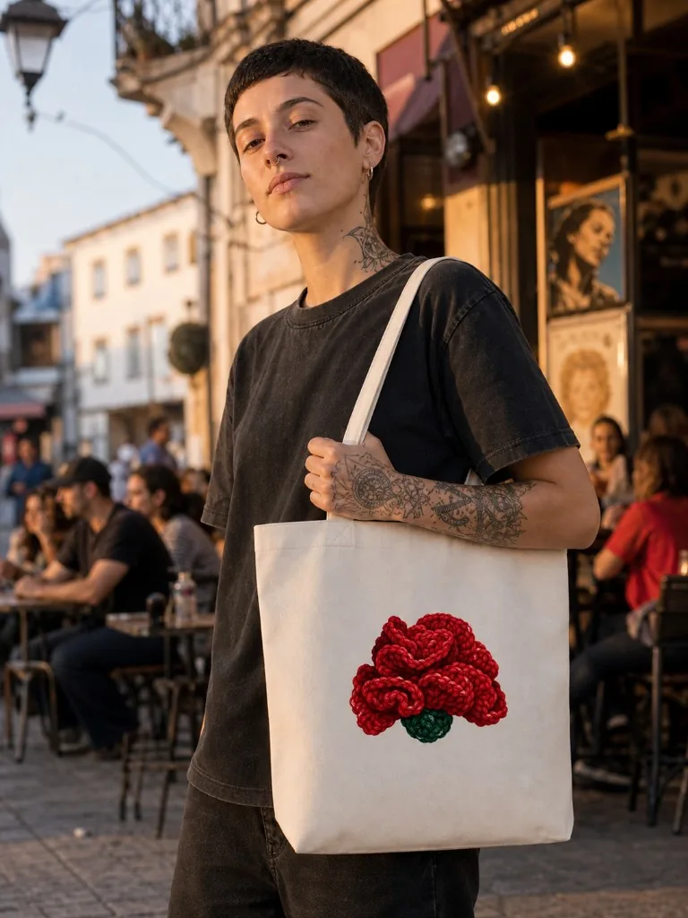 Pessoa com o Tote Cravo de Lã ao ombro, cravo vermelho de lã ao centro